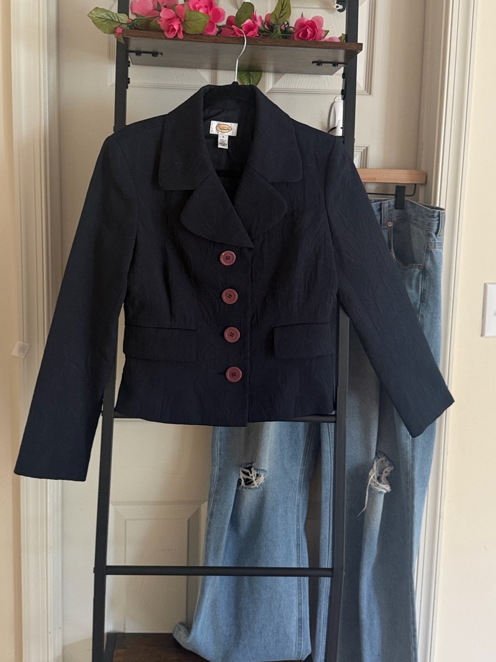 Talbots Black Cropped Structured Blazer with Burgundy Buttons